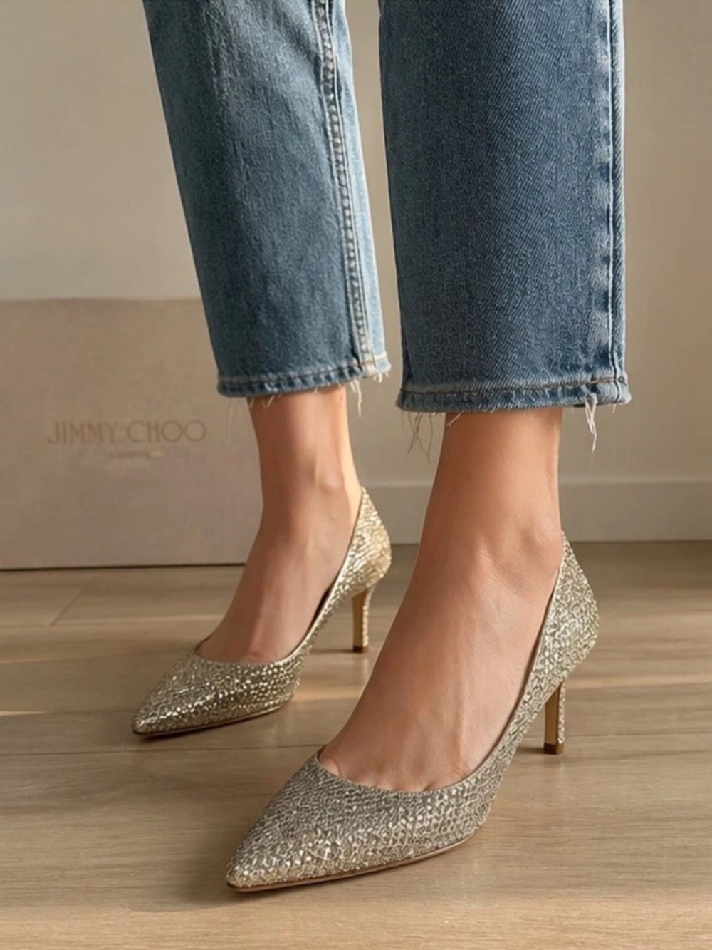 Jimmy Choo Romy 60 Champagne Glitter Heels Size 36 w/Box & Dust Bag Wedding Prom